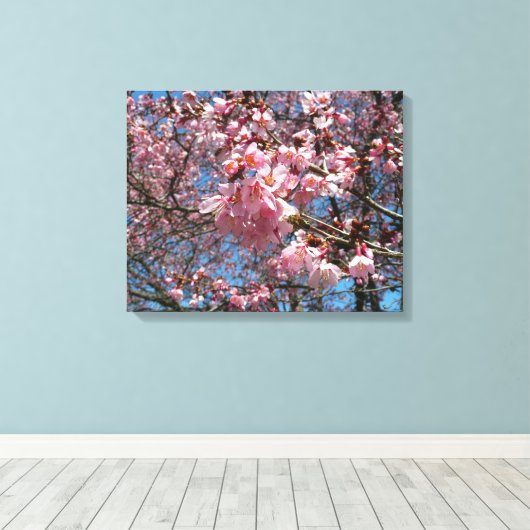 Cherry Blossom en Bee Pink Spring Flowers Canvas Afdruk (Insitu (Houten vloer))