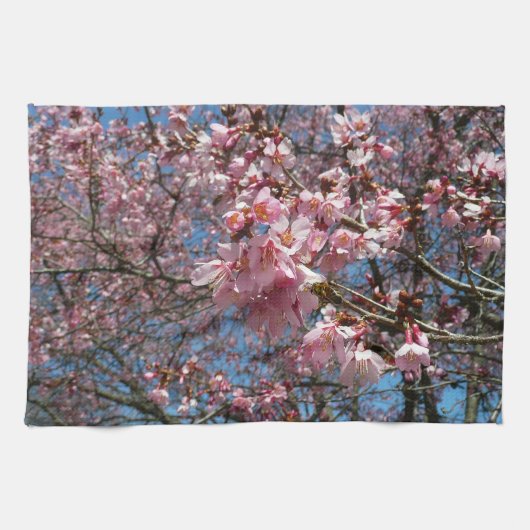 Cherry Blossom en Bee Pink Spring Flowers Theedoek (Horizontaal)