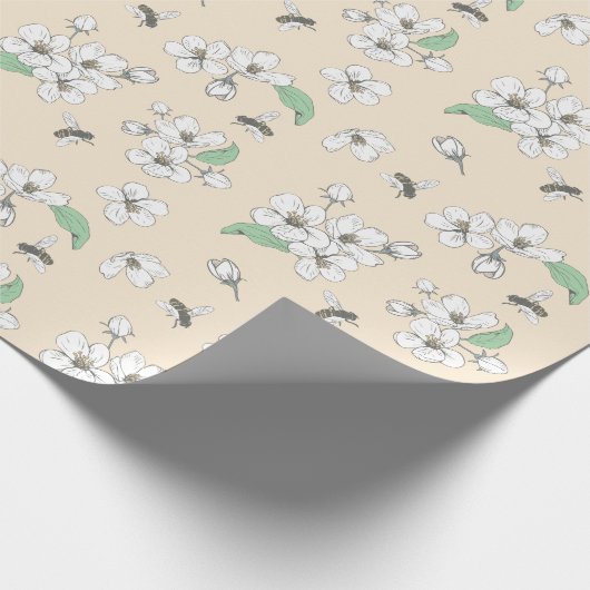 Cherry Blossom en bijen Antiek Witte naadloos Cadeaupapier (Hoek)