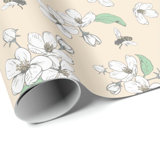 Cherry Blossom en bijen Antiek Witte naadloos Cadeaupapier (Rol Hoek)