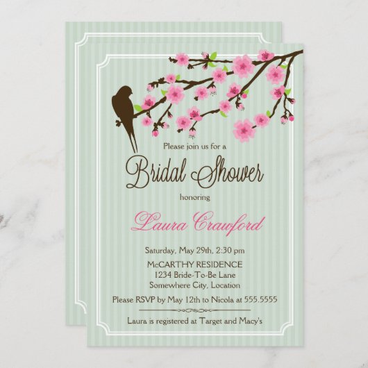 Cherry Blossom en Bird Bridal Shower Invitation Kaart (Voorkant / Achterkant)