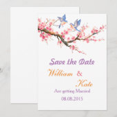 Cherry Blossom en Blue Birds Save the Date (Voorkant / Achterkant)
