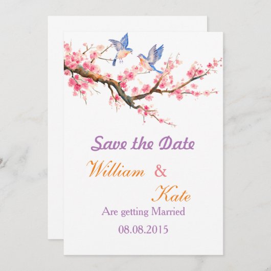 Cherry Blossom en Blue Birds Save the Date (Voorkant / Achterkant)