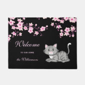 Cherry Blossom en Cat Pink Black Welkom Doormat Deurmat (Voorkant)