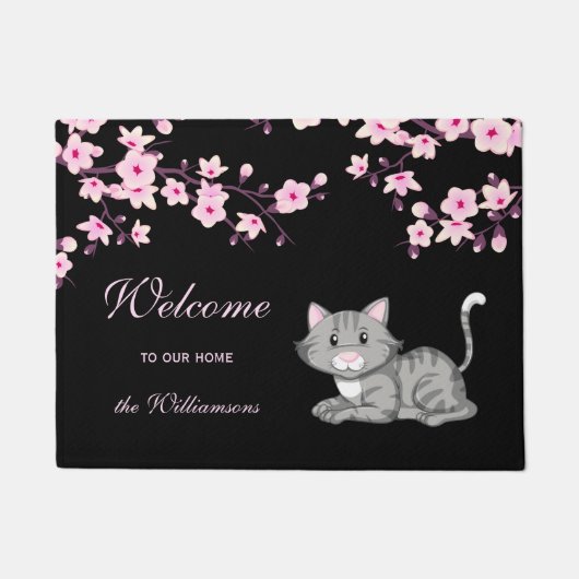 Cherry Blossom en Cat Pink Black Welkom Doormat Deurmat (Voorkant)