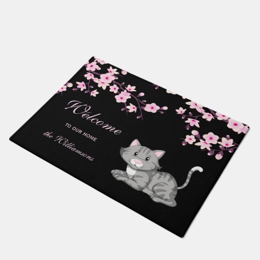 Cherry Blossom en Cat Pink Black Welkom Doormat Deurmat (Schuin)