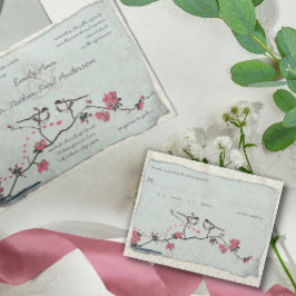  Cherry Blossom en Chickadee Damask RSVP Kaartje