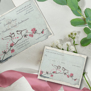 Cherry Blossom en Chickadee Damask RSVP Kaartje