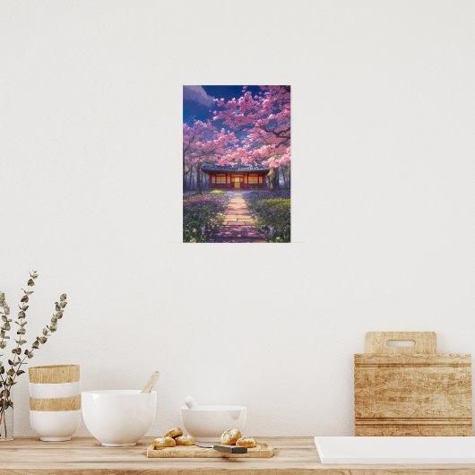 Cherry Blossom en een traditionele tempel Poster (Keuken)