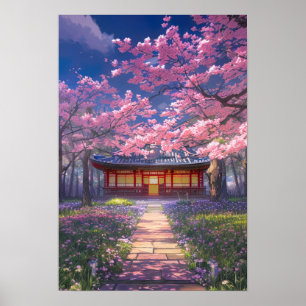 Cherry Blossom en een traditionele tempel Poster