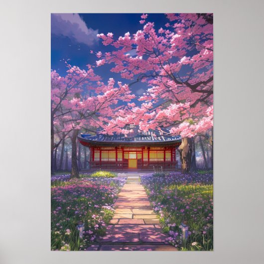 Cherry Blossom en een traditionele tempel Poster (Voorkant)