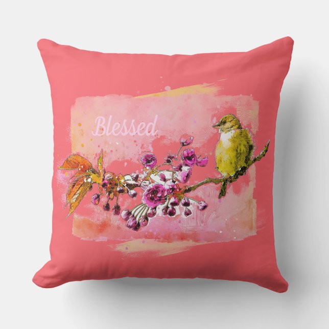 Cherry Blossom en Finch Pillow Kussen (Voorkant)