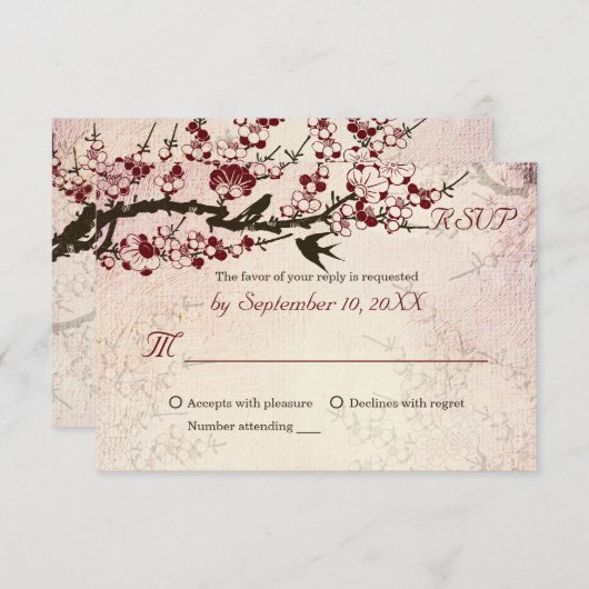Cherry Blossom en liefde vogelbruiloft RSVP (Voorkant / Achterkant)