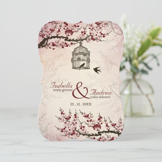 Cherry Blossom en liefde vogels bruiloft uitnodige Kaart (Staand voorkant)