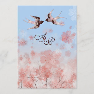 Cherry Blossom en Love Swallows Wedding Kaart