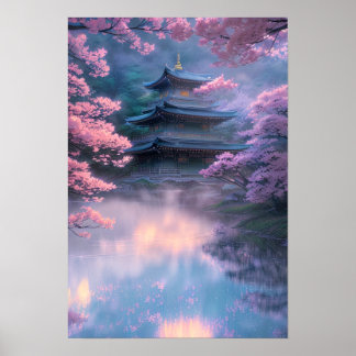 Cherry Blossom en Misty Temple Poster