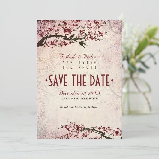 Cherry Blossom en Tortelduifjes sparen de Datum Save The Date (Staand voorkant)