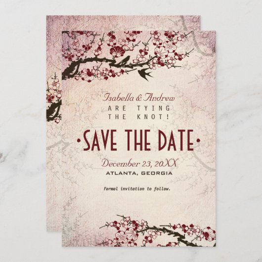 Cherry Blossom en Tortelduifjes sparen de Datum Save The Date (Voorkant / Achterkant)