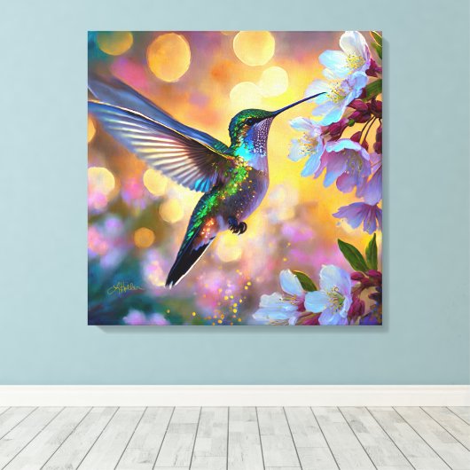 Cherry Blossom Fantasy kolibrie Canvas Afdruk (Insitu (Houten vloer))
