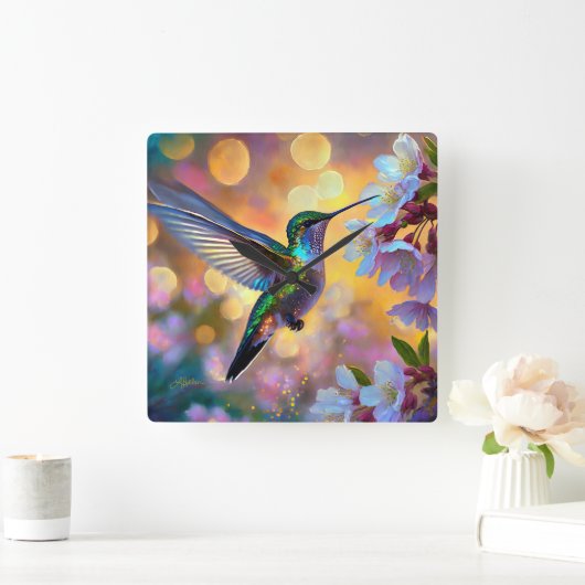 Cherry Blossom Fantasy kolibrie Vierkante Klok (Huis)