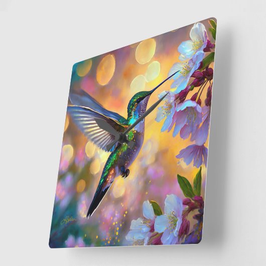 Cherry Blossom Fantasy kolibrie Vierkante Klok (Hoek)