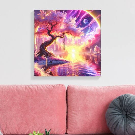 Cherry Blossom Fantasy: rustige zonsondergang scen Canvas Afdruk (Insitu (Woonkamer))