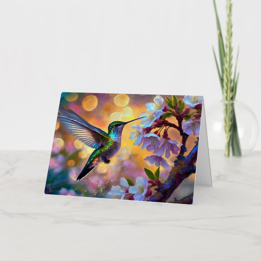 Cherry Blossom Fantasy Sunrise kolibrie Folie Wenskaart (Voorkant)