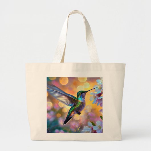 Cherry Blossom Fantasy Sunrise kolibrie Grote Tote Bag (Voorkant)