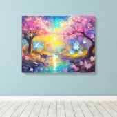 Cherry Blossom Fantasy Sunrise Stream Canvas Afdruk (Insitu (Houten vloer))