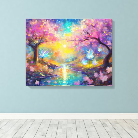 Cherry Blossom Fantasy Sunrise Stream Canvas Afdruk (Insitu (Houten vloer))