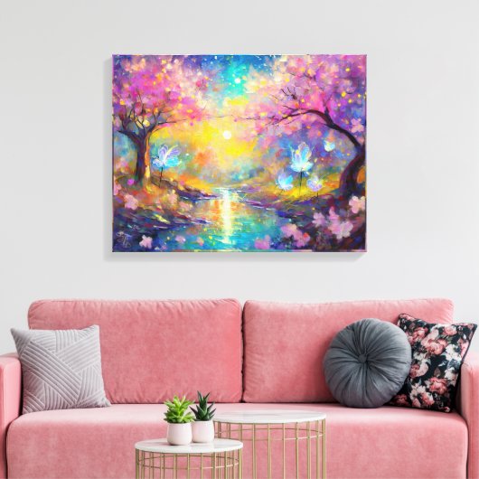Cherry Blossom Fantasy Sunrise Stream Canvas Afdruk (Insitu (Woonkamer))