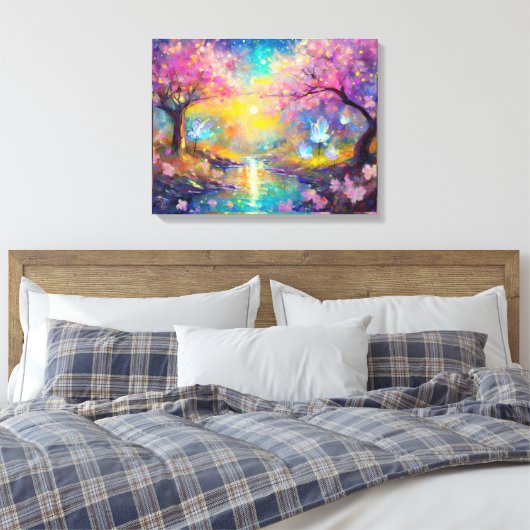 Cherry Blossom Fantasy Sunrise Stream Canvas Afdruk (Insitu (Slaapkamer))