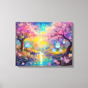 Cherry Blossom Fantasy Sunrise Stream Canvas Afdruk
