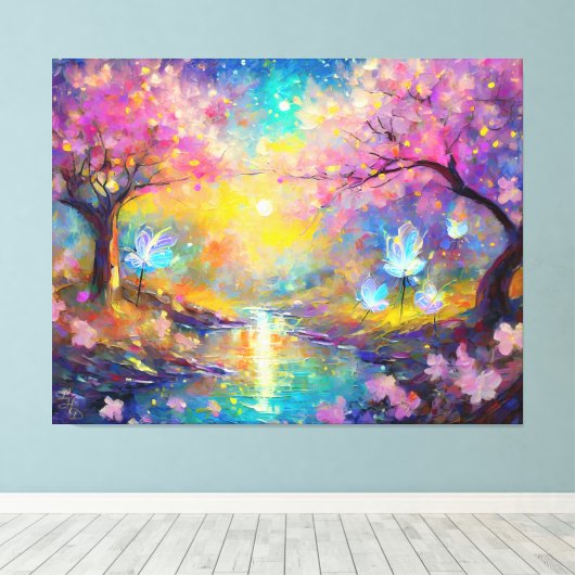 Cherry Blossom Fantasy Sunrise Stream Canvas Afdruk (Insitu (Houten vloer))