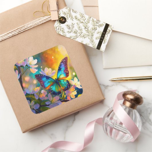 Cherry Blossom Fantasy Sunrise Vlinder Vierkante Sticker (Geschenken)