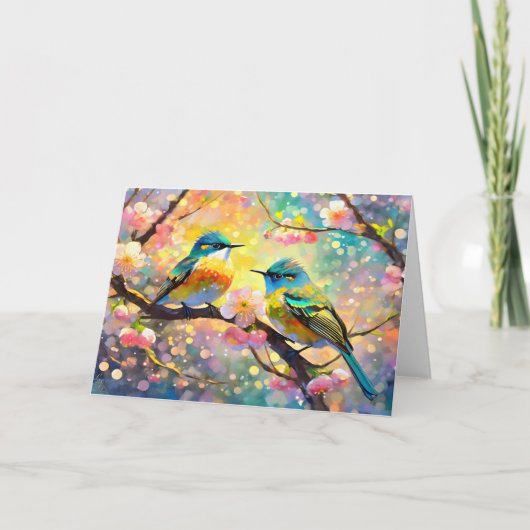 Cherry Blossom Fantasy Sunrise zangvogels Kaart (Voorkant)