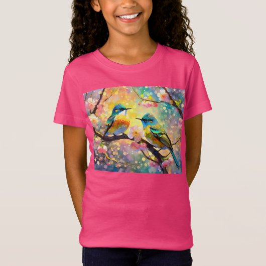 Cherry Blossom Fantasy Sunrise zangvogels T-shirt (Voorkant)