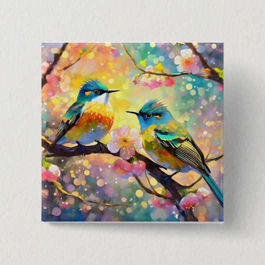 Cherry Blossom Fantasy Sunrise zangvogels Vierkante Button 5,1 Cm (Voorkant)
