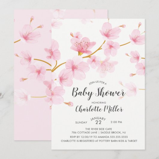 Cherry Blossom Floral Baby shower Invitation Kaart (Voorkant / Achterkant)