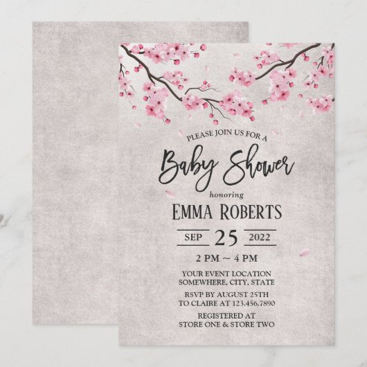 Cherry Blossom  Floral Baby shower Kaart (Voorkant / Achterkant)