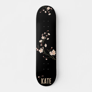 Cherry Blossom Floral Black Skateboard