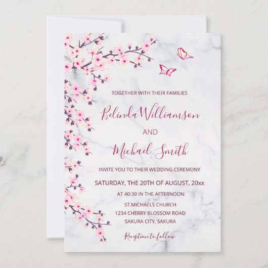 Cherry Blossom | Floral Marmer Wedding Kaart (Voorkant)