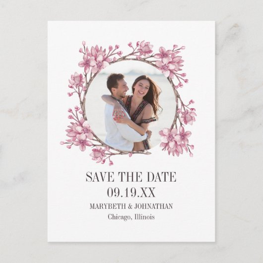 Cherry Blossom Floral Wreath Save the Date Photo Uitnodiging Briefkaart (Voorkant)