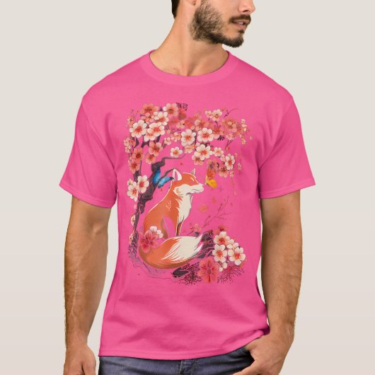 Cherry Blossom Flower Sakura Kawaii Japanese Fox T-shirt (Voorkant)
