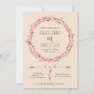 Cherry Blossom Flower Wreath Rustic Wedding Kaart