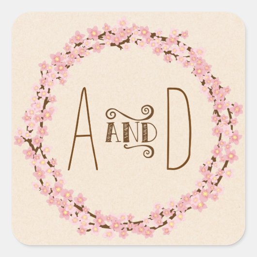 Cherry Blossom Flower Wreath Rustic Wedding Vierkante Sticker (Voorkant)
