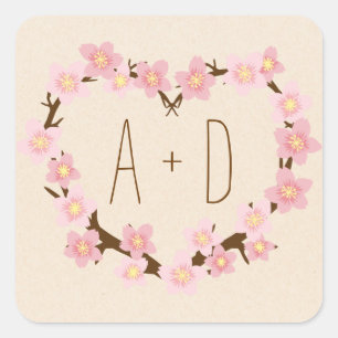 Cherry Blossom Flower Wreath Rustic Wedding Vierkante Sticker