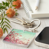 Cherry Blossom Flowers Floral Red Blue Sleutelhang Sleutelhanger (Voorkant Rechts)