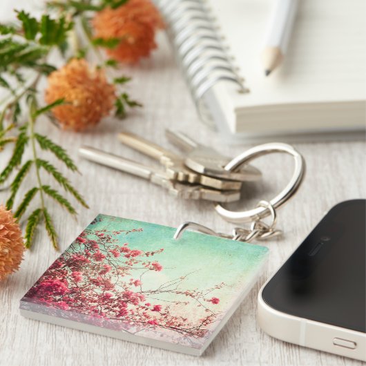 Cherry Blossom Flowers Floral Red Blue Sleutelhang Sleutelhanger (Voorkant Rechts)