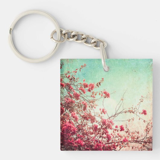 Cherry Blossom Flowers Floral Red Blue Sleutelhang Sleutelhanger (Voorkant)